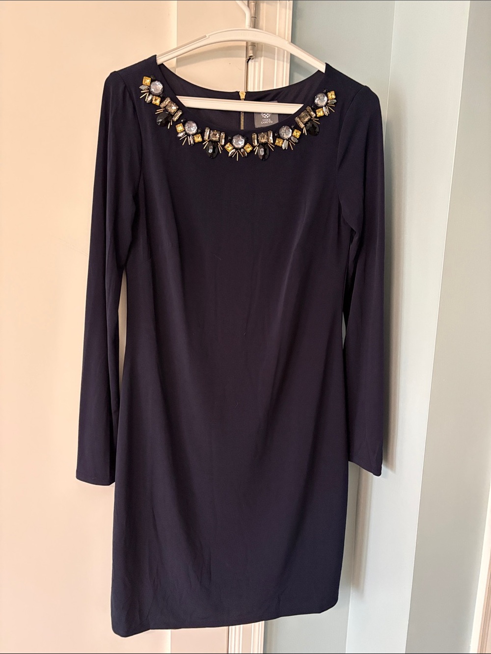 Vince Camuto Embellished Navy Long-Sleeve Sheath Dress
